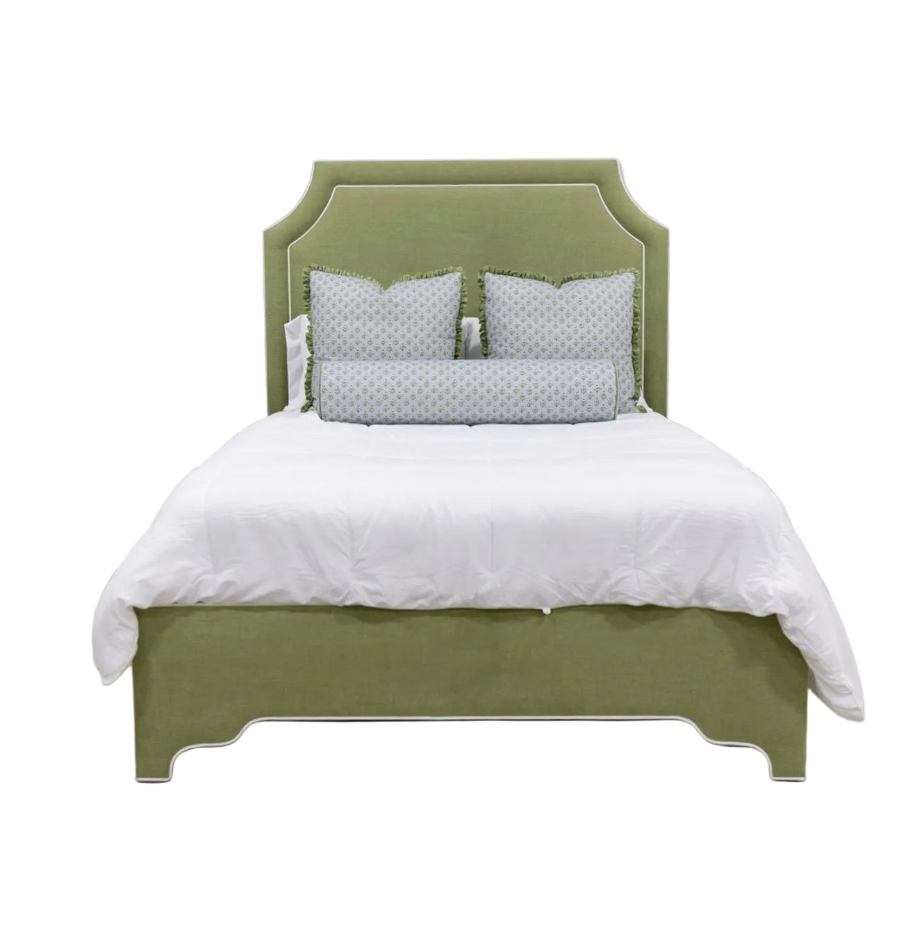The Addison Queen Bed - Scalloped Legs - Pistachio Green Woven Fabric - White Trim