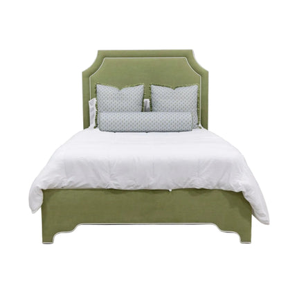 The Addison Queen Bed - Scalloped Legs - Pistachio Green Woven Fabric - White Trim