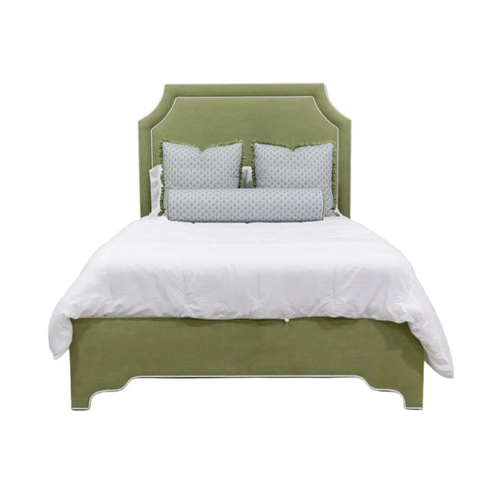 The Addison Queen Bed - Scalloped Legs - Pistachio Green Woven Fabric - White Trim