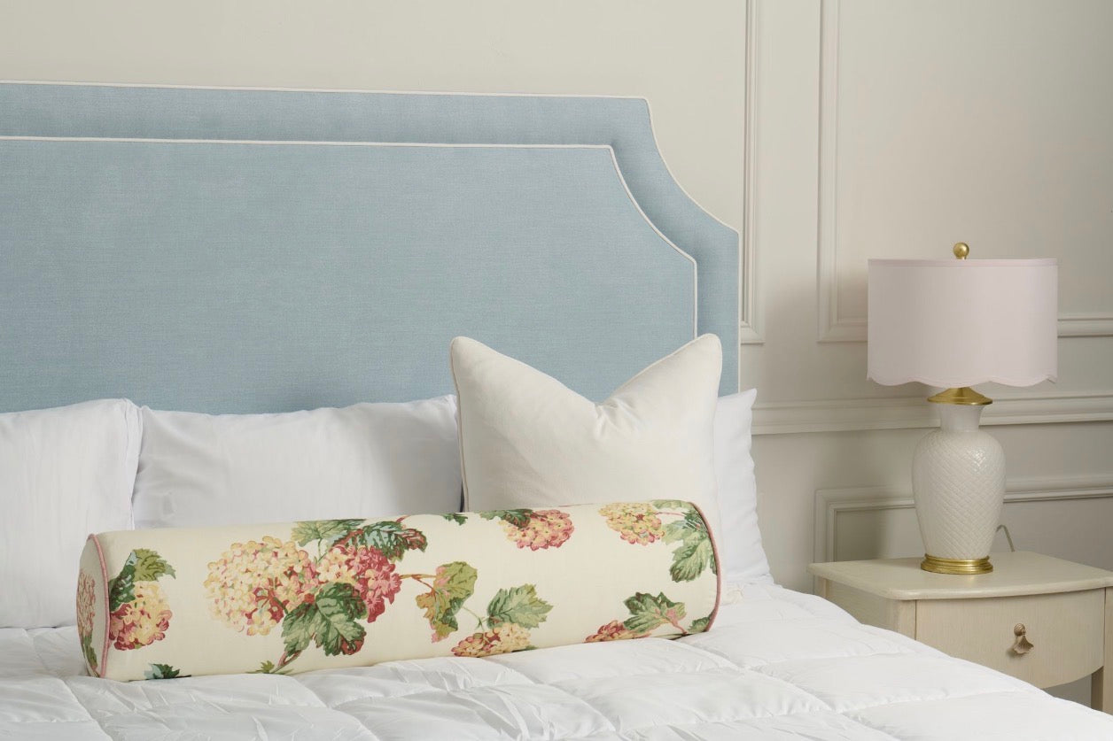 The Addison King Bed - Wooden Legs - Sky Blue Woven Fabric - White Trim