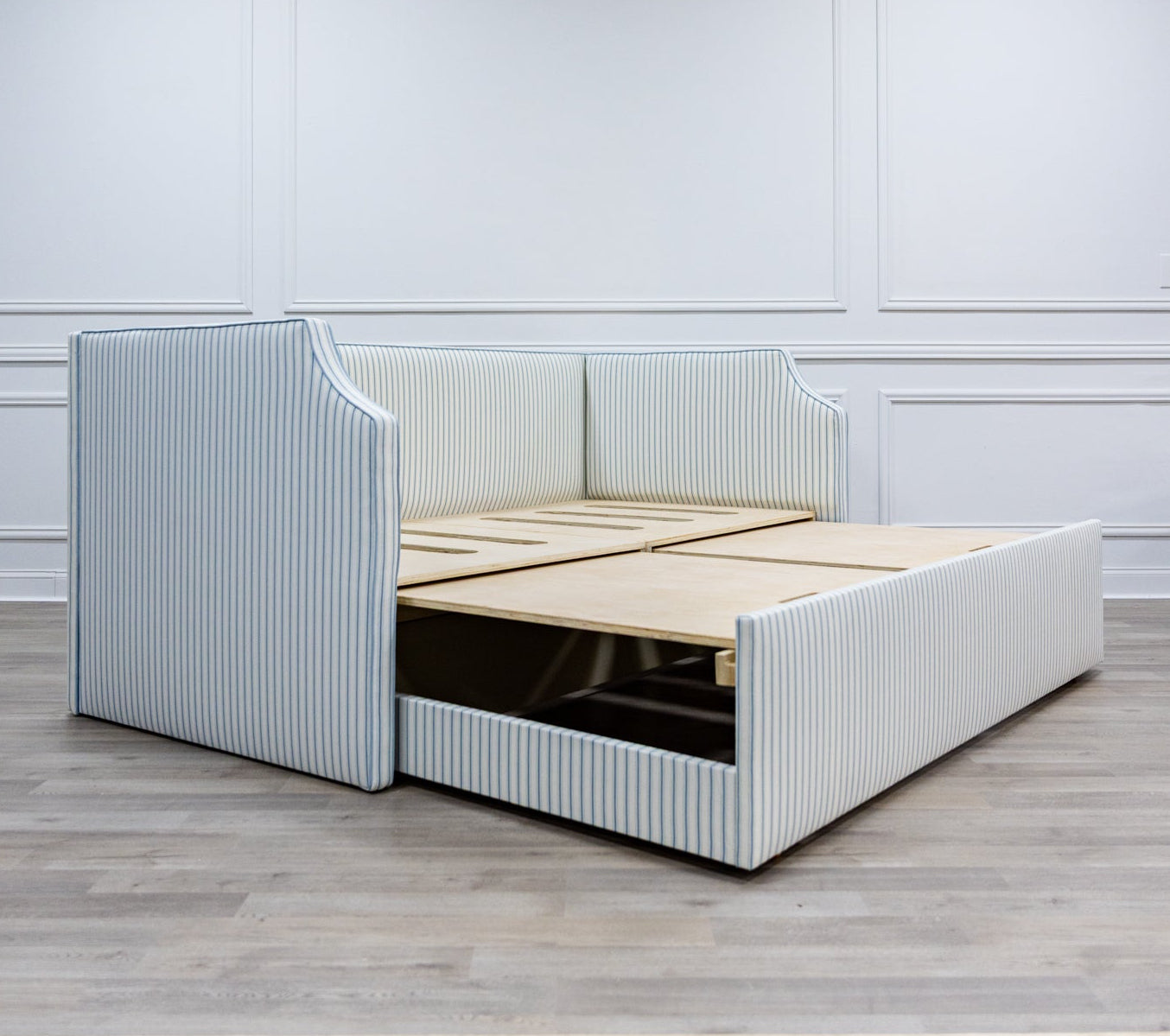 The Addison Twin to King Trundle Daybed - Schumacher Stripe Fabric - Sky Blue Trim
