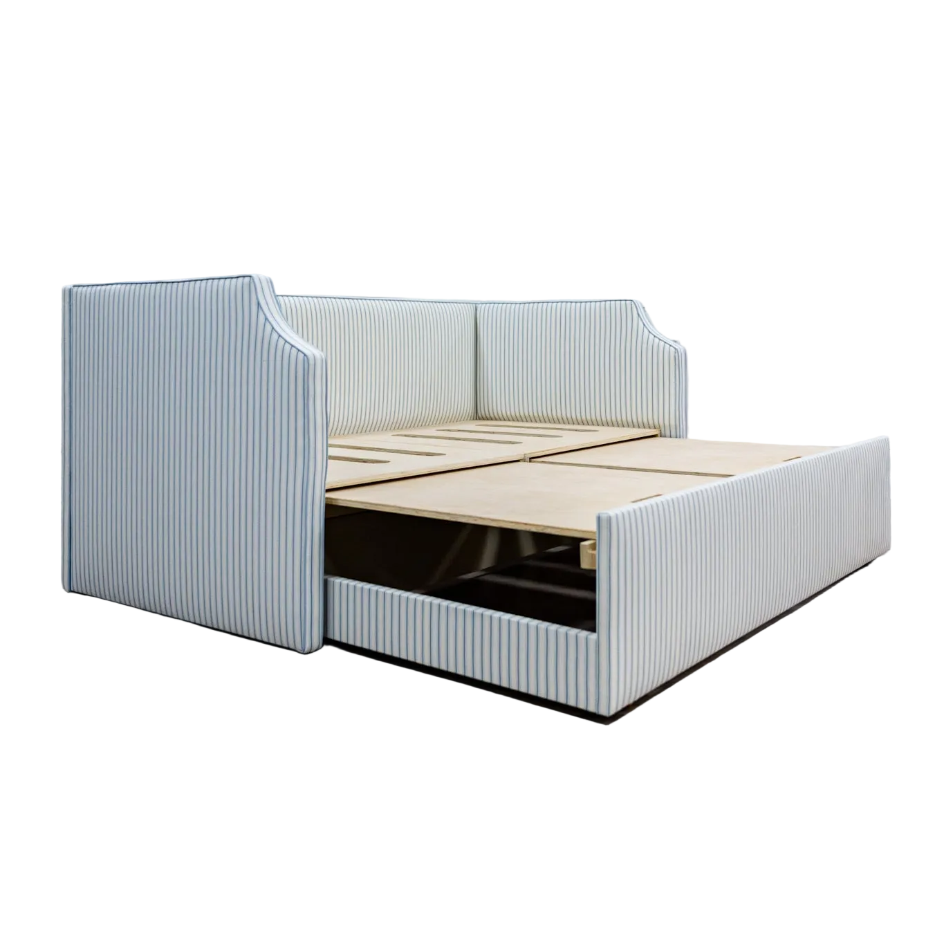 The Addison Twin to King Trundle Daybed - Schumacher Stripe Fabric - Sky Blue Trim