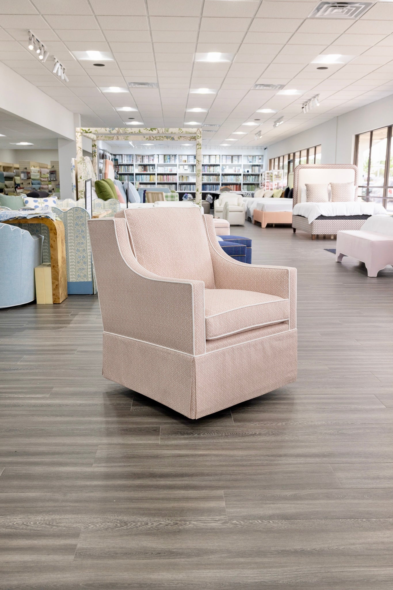 Custom Swivel Glider Chair – Pink Dotted Fabric with White Trim