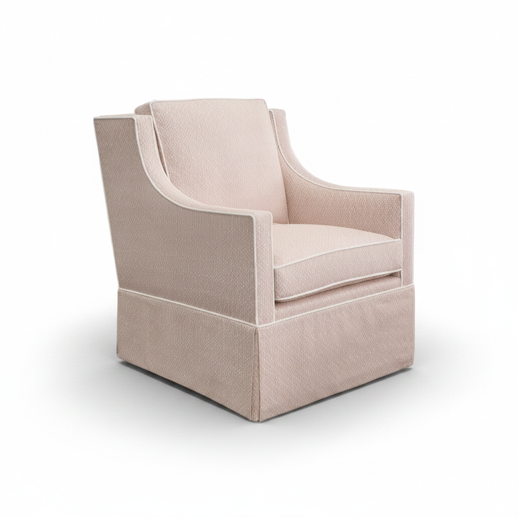 Custom Swivel Glider Chair – Pink Dotted Fabric with White Trim