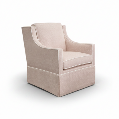 Custom Swivel Glider Chair – Pink Dotted Fabric with White Trim
