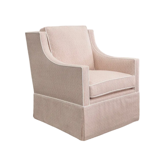 Custom Swivel Glider Chair – Pink Dotted Fabric with White Trim