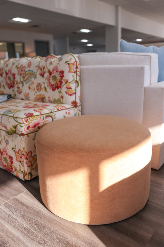 24" Round ottoman in this beautiful Brown Mohair Fabric
