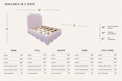 The Helena Queen Bed - Scalloped Base - Powder Pink Woven Fabric - White Trim