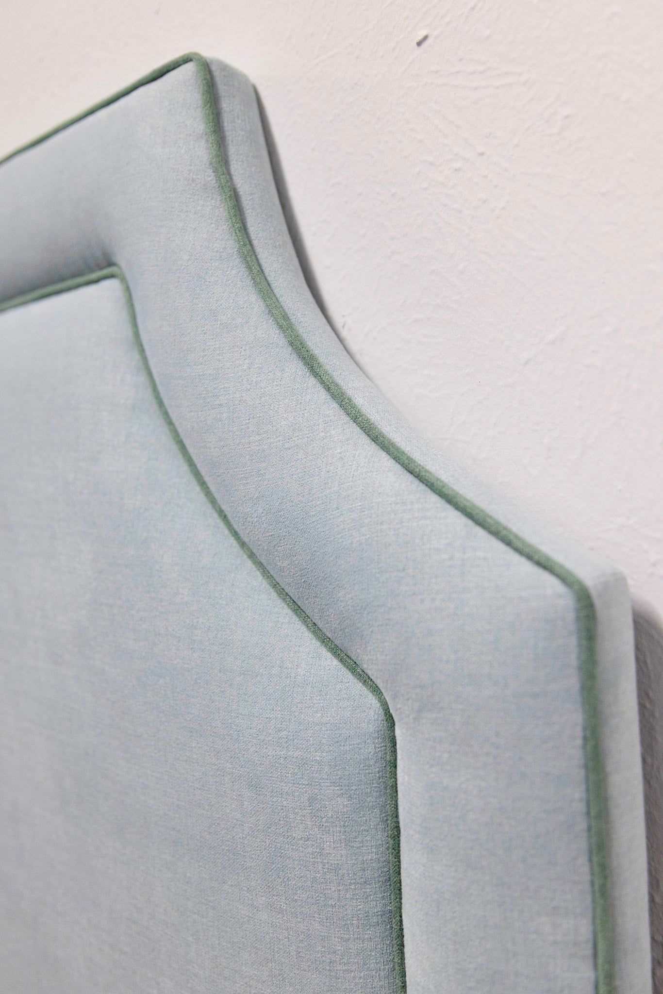 The Addison King Headboard - Seafoam Green Woven Fabric - Sage Green Trim