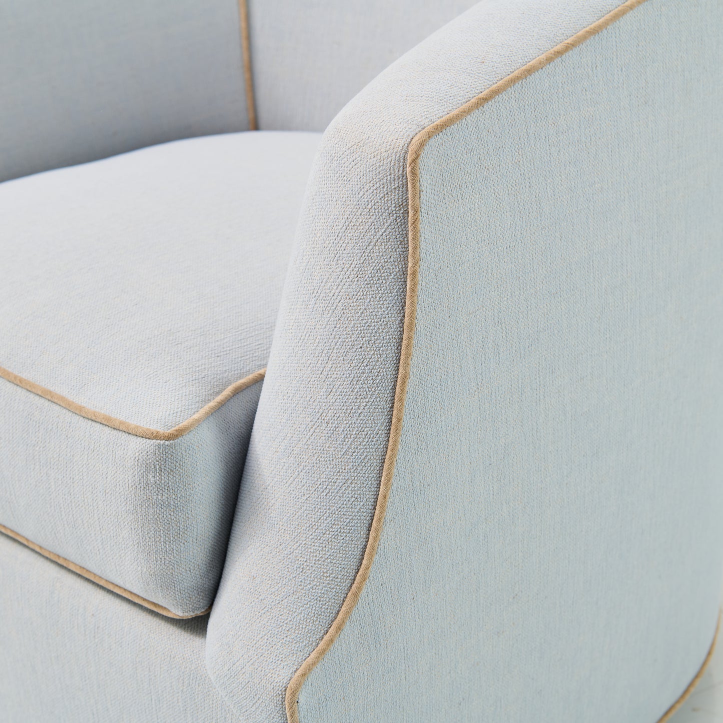 Custom Swivel Chair -  Performance Crypton Fabric in Light Blue - Mushroom Trim
