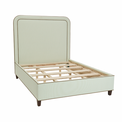 The Lorraine Queen Platform Bed - Striped Green & White Fabric - Leather Trim