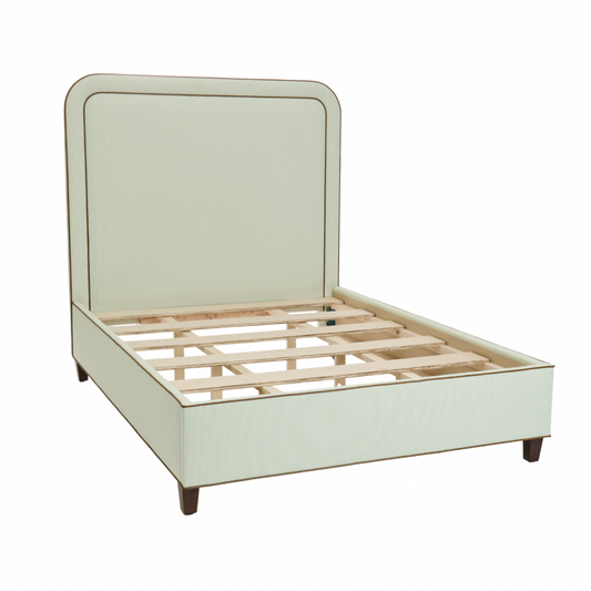 The Lorraine Queen Platform Bed - Striped Green & White Fabric - Leather Trim