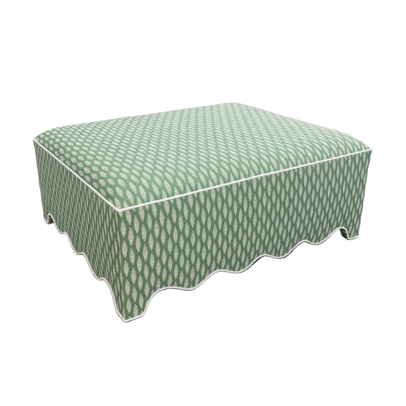 Scalloped ottoman - Floral Green with White Piping