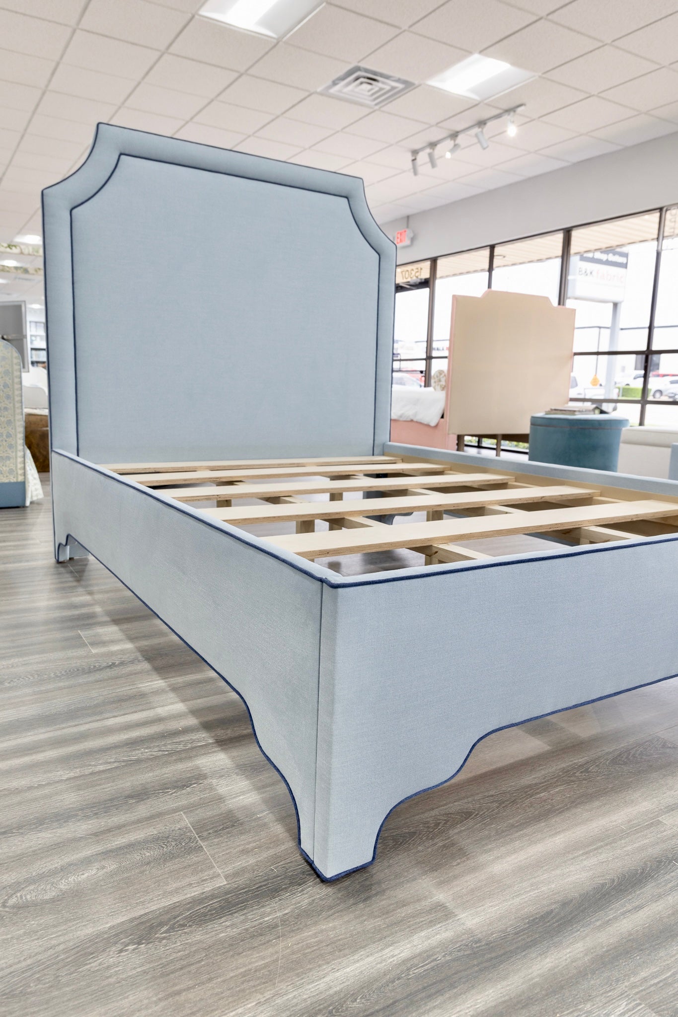 65”H Queen Platform Upholstered Bed - Sky Blue Woven Fabric - Navy Trim