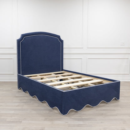The Aliana Queen Bed - Scalloped Base - Navy Woven Fabric - White Trim