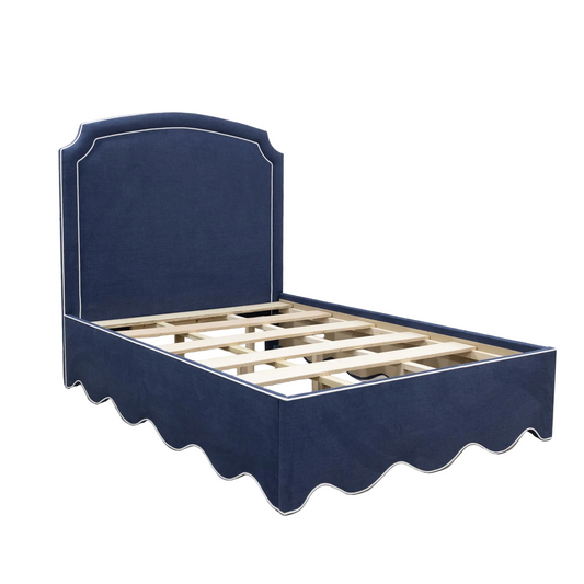The Aliana Queen Bed - Scalloped Base - Navy Woven Fabric - White Trim