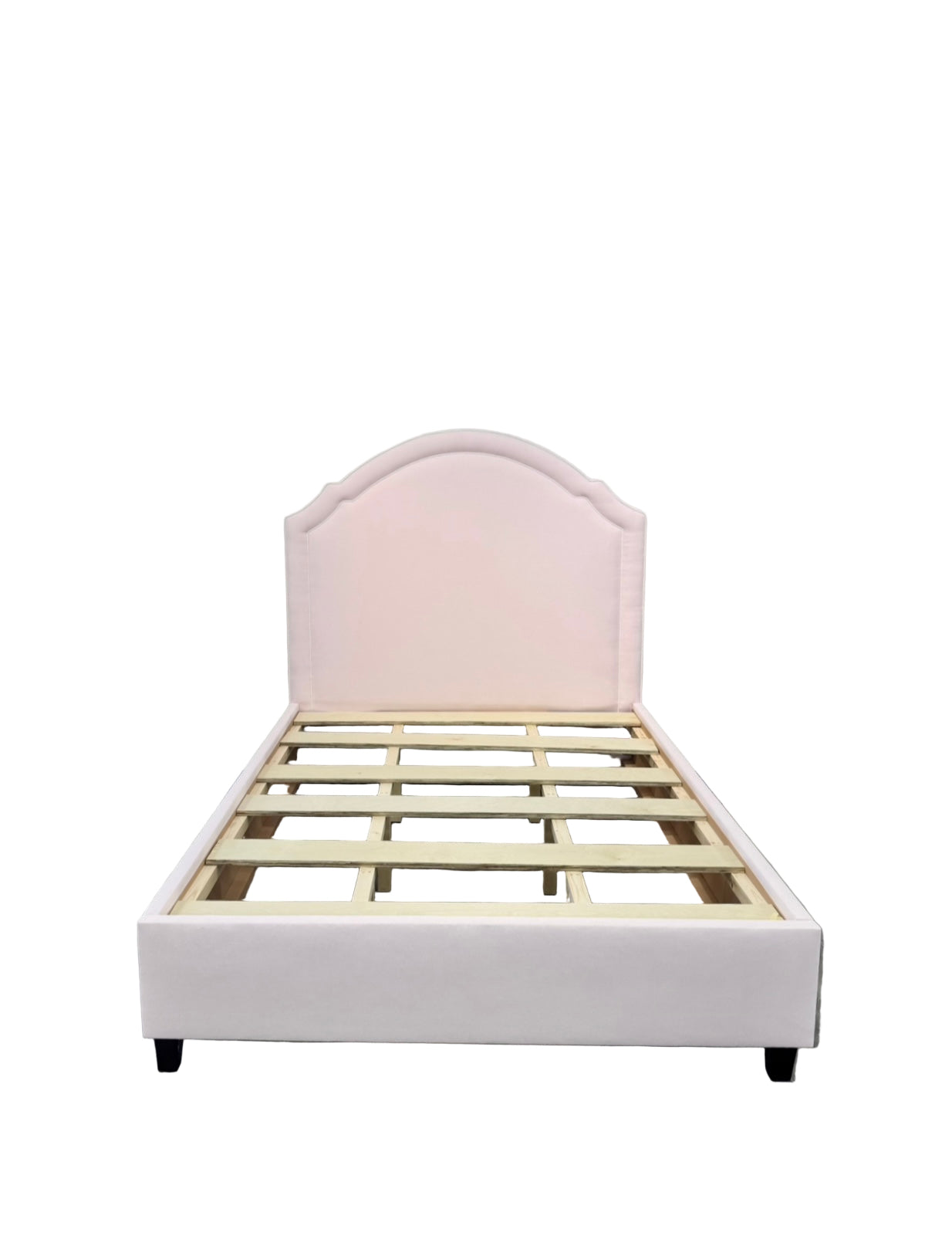 60”H Queen Upholstered Platform Bed - Scalloped Base - Powder Pink Woven Fabric with White Pink