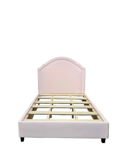 60”H Queen Upholstered Platform Bed - Scalloped Base - Powder Pink Woven Fabric with White Pink