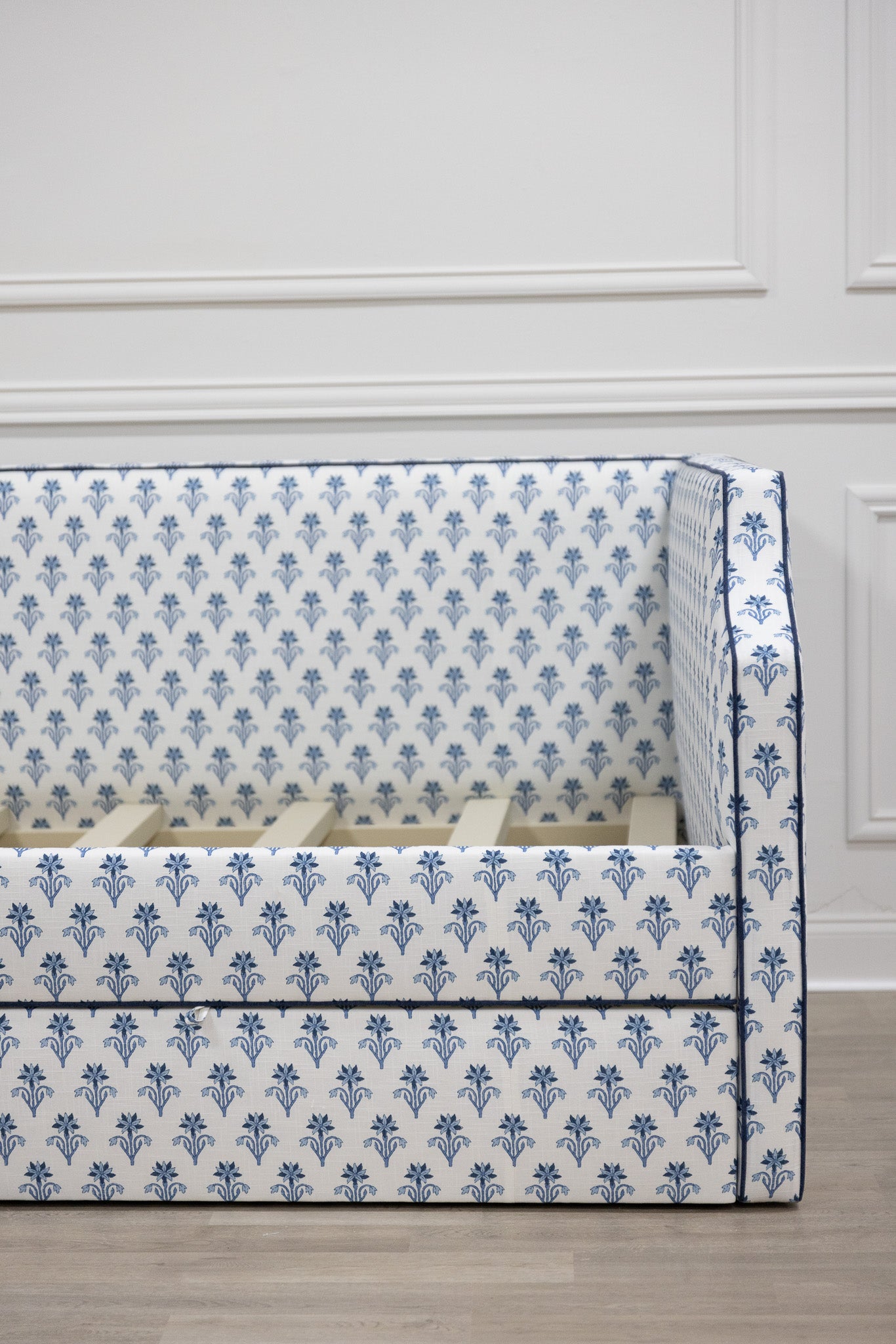 The Addison Twin Trundle Daybed - Lobelia Blues Fabric - Navy Trim