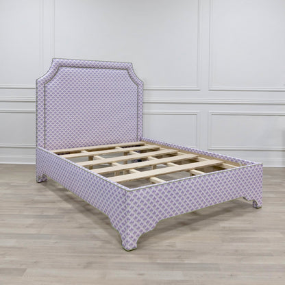 The Addison Queen Bed - Lavender Floral Linen Fabric - Green Trim