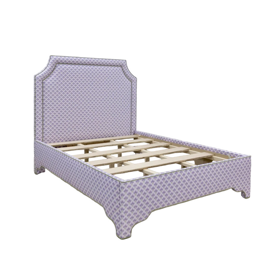 The Addison Queen Bed - Lavender Floral Linen Fabric - Green Trim