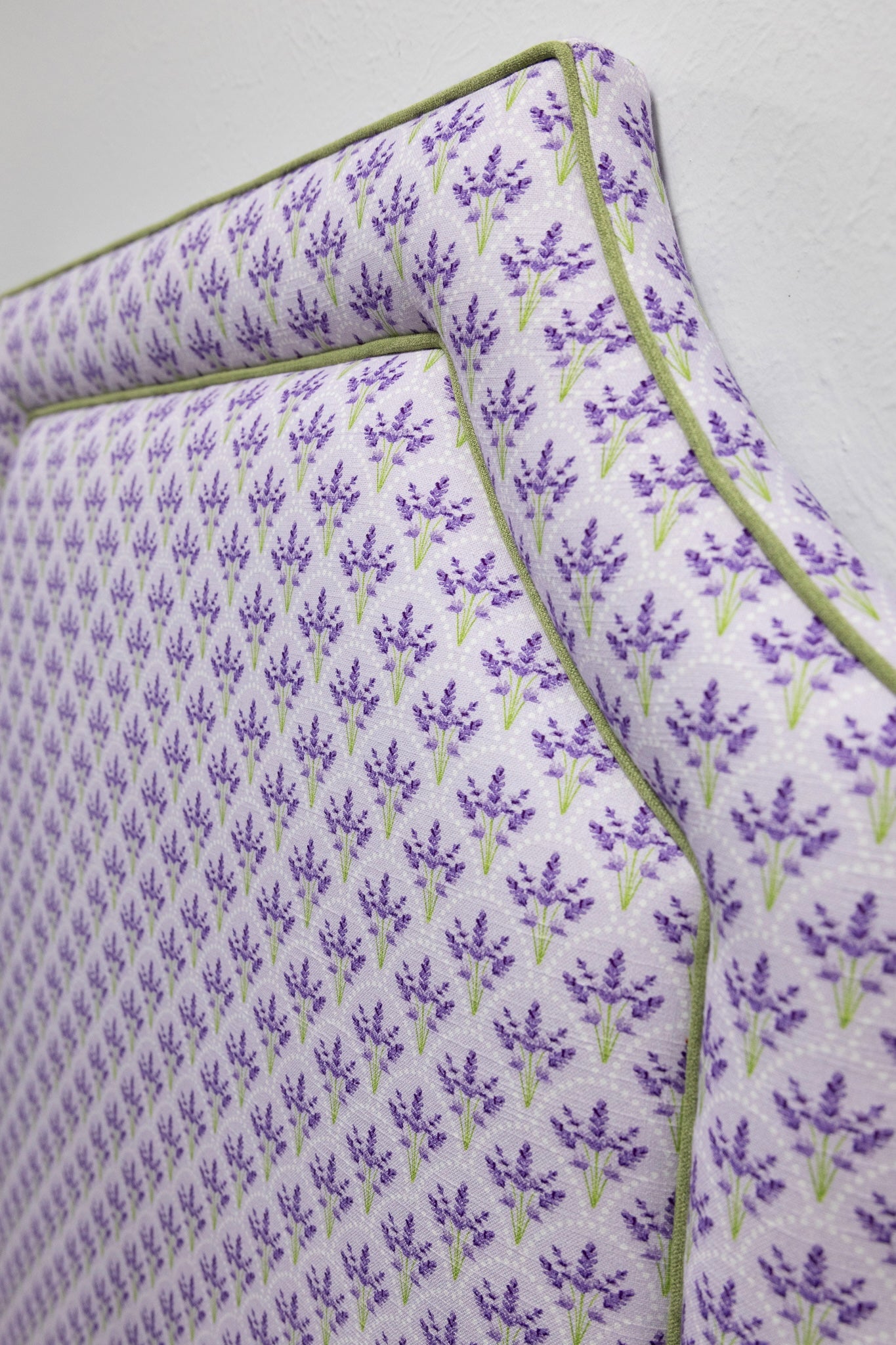 The Addison Twin Headboard - Lavender Floral Linen Fabric - Green Trim