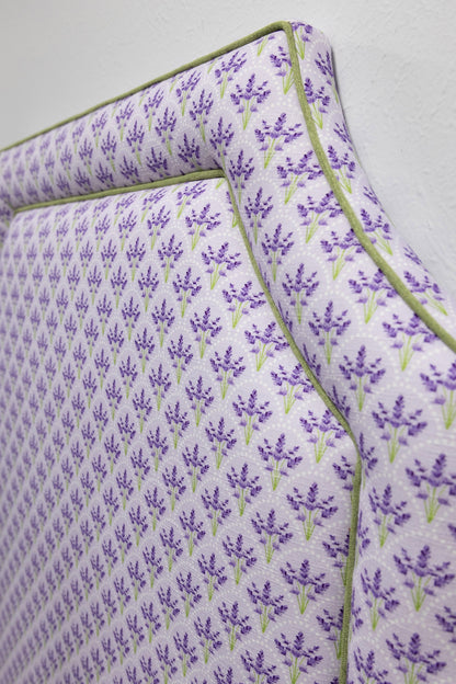 The Addison Twin Headboard - Lavender Floral Linen Fabric - Green Trim
