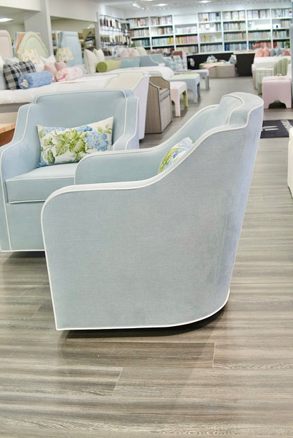 Custom Scalloped Swivel Chair: Sky Blue woven Fabric