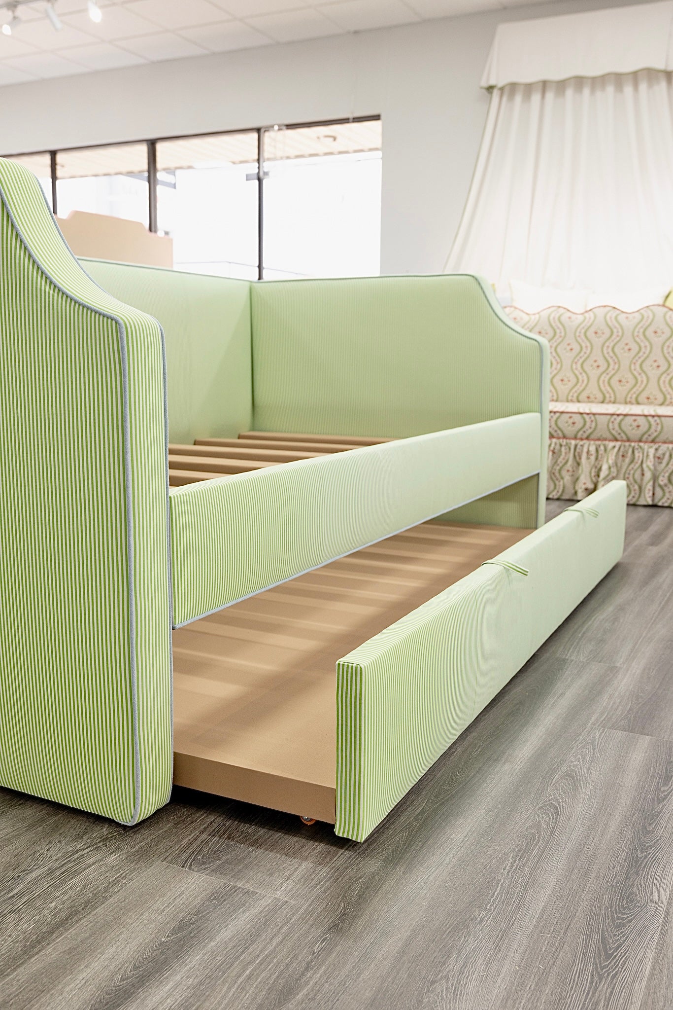 The Addison Twin Trundle Daybed - Striped Green Fabric - Sky Blue Trim