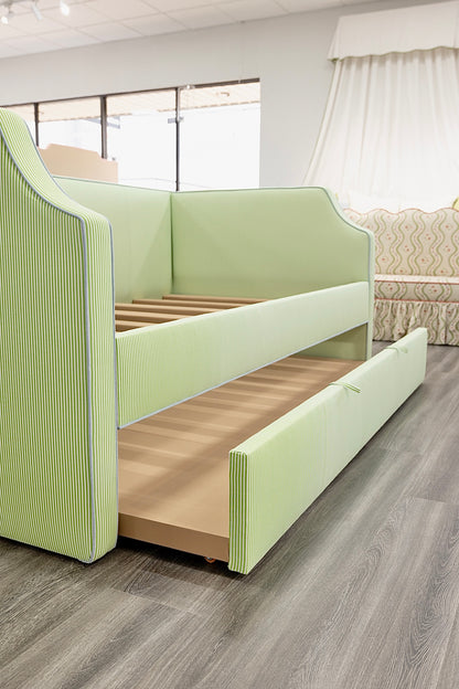 The Addison Twin Trundle Daybed - Striped Green Fabric - Sky Blue Trim
