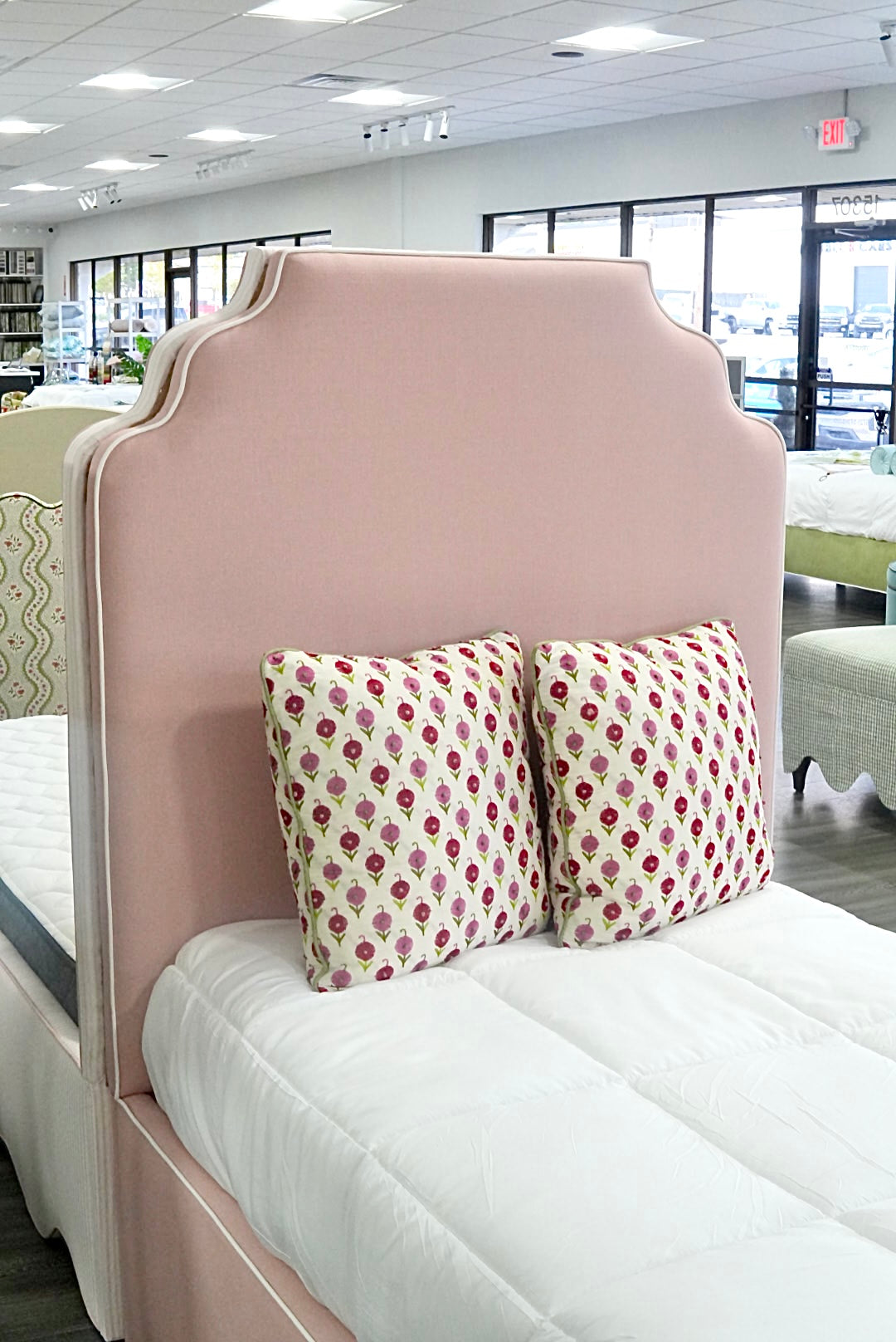 60”H Twin Scalloped Platform Bed in our Blush Pink Linen - White Trim
