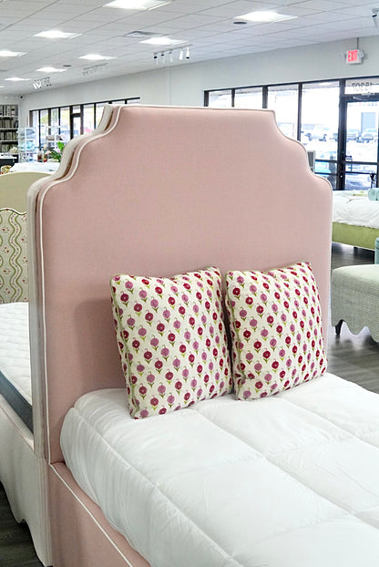 60”H Twin Scalloped Platform Bed in our Blush Pink Linen - White Trim