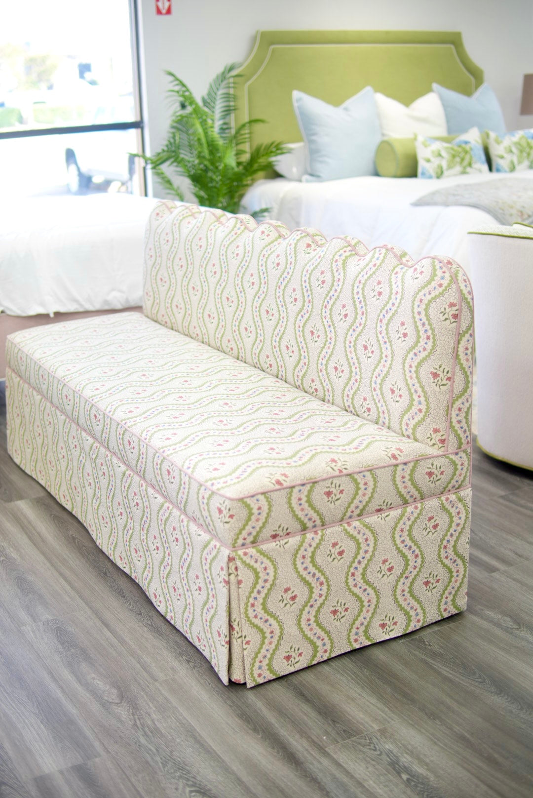 76"L Custom Scalloped Banquette in Natural Luxury Linen - Modern Upholstered Dining Banquette with Pleated Skirt