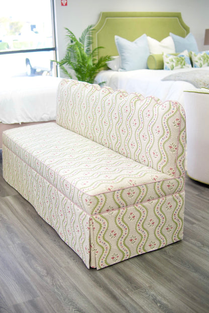 76"L Custom Scalloped Banquette in Natural Luxury Linen - Modern Upholstered Dining Banquette with Pleated Skirt