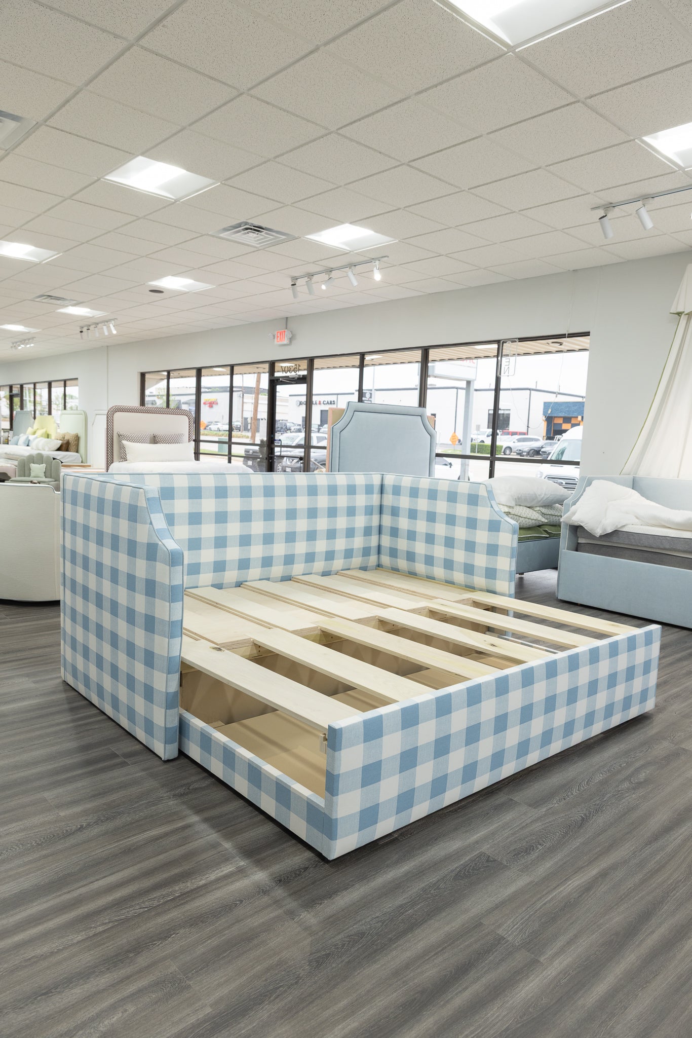 The Addison Twin to King Trundle Daybed - Buffalo Blue Fabric - Sky Blue Trim