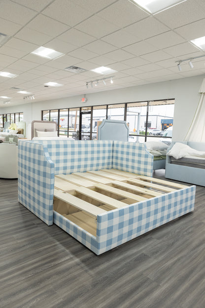 The Addison Twin to King Trundle Daybed - Buffalo Blue Fabric - Sky Blue Trim