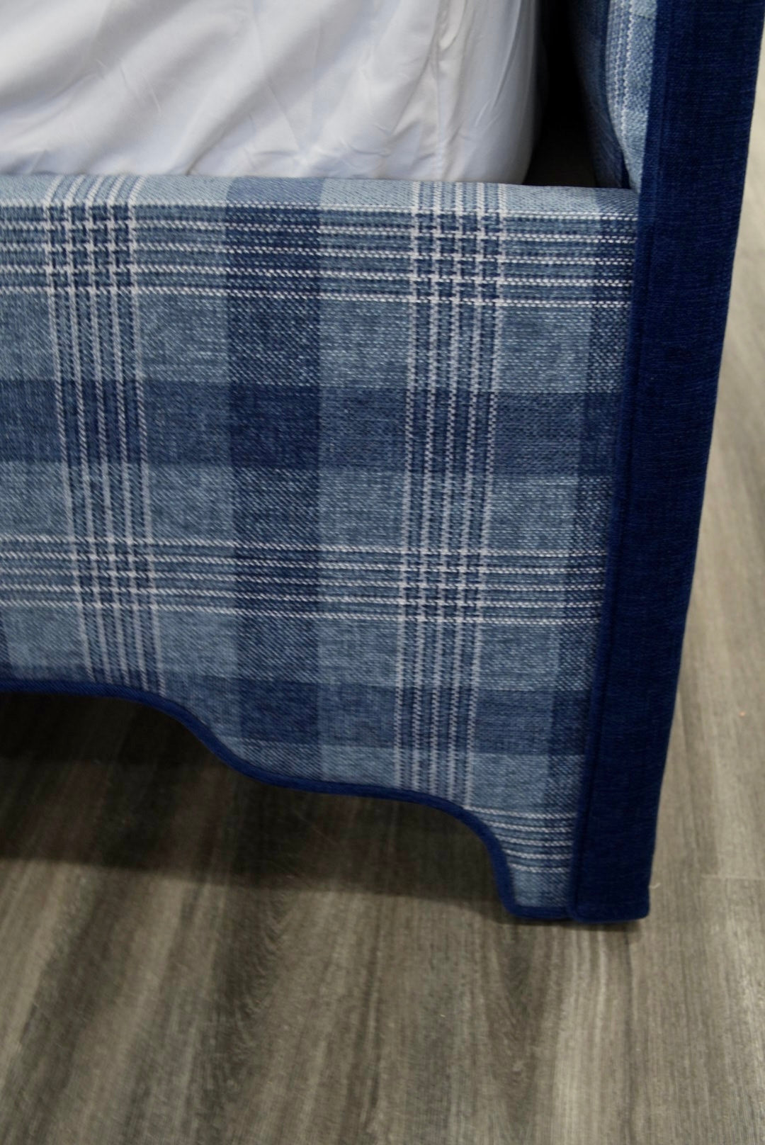 65”H Queen Upholstered Platform Bed - Navy Plaid Fabric - Navy Trim