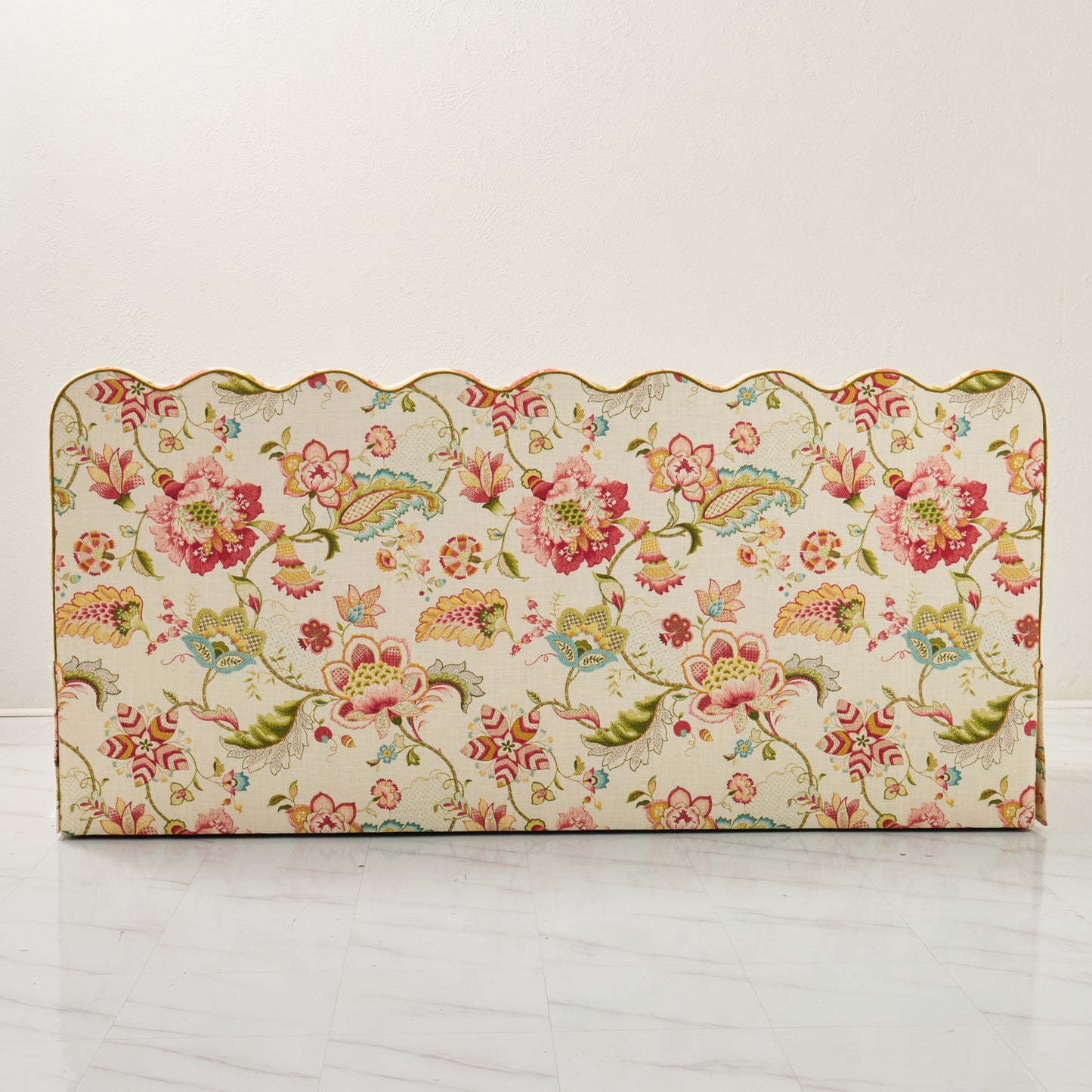 76"L Custom Scalloped Banquette in Ophelia Blossom - Modern Upholstered Dining Banquette with Pleated Skirt