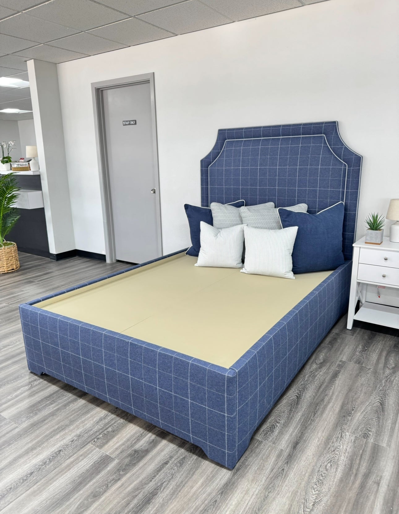 60”H Full Size Upholstered Bed with Twin Trundle - Plaid Navy Fabric - Light Gray Trim