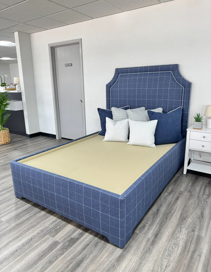 60”H Full Size Upholstered Bed with Twin Trundle - Plaid Navy Fabric - Light Gray Trim