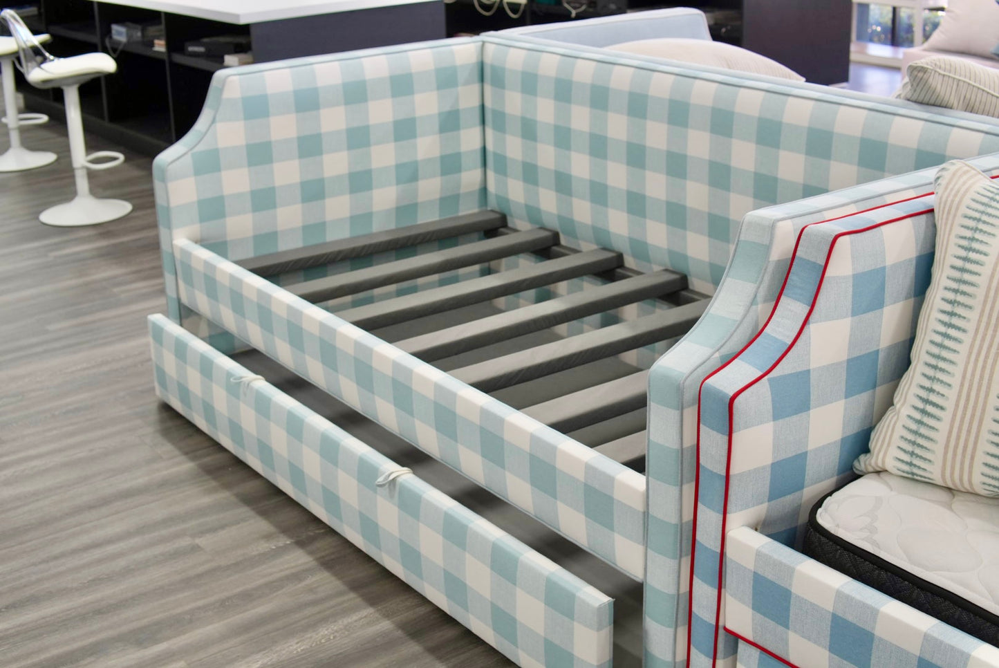 Twin Trundle Daybed - Buffalo Blue Checkered Fabric with Sky Blue Trim