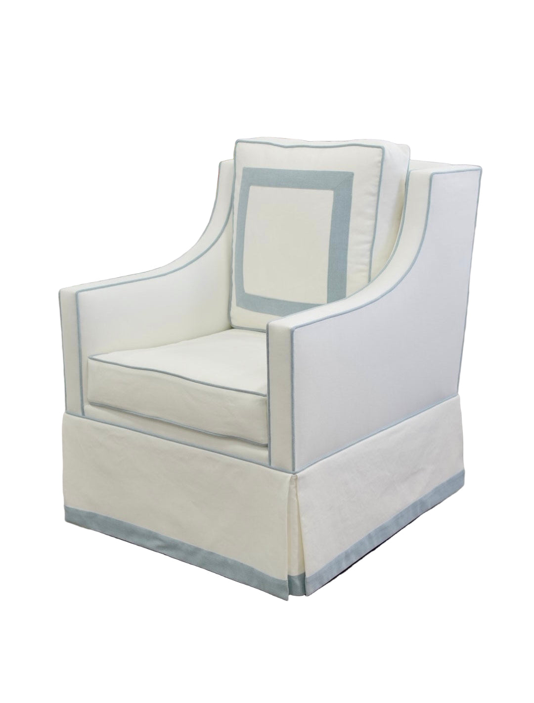 Custom Swivel Glider Chair – White Linen with Sky Blue Trim