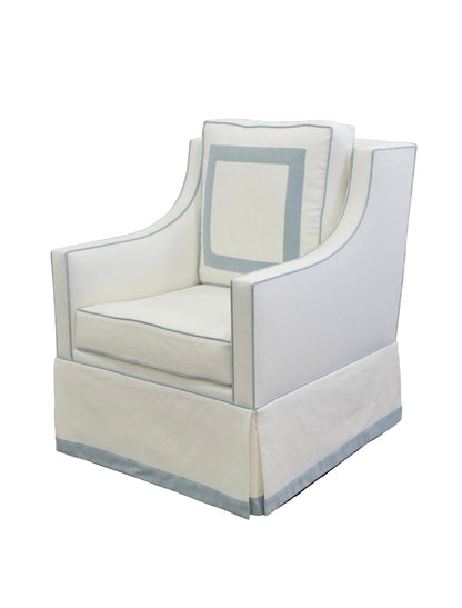 Custom Swivel Glider Chair – White Linen with Sky Blue Trim