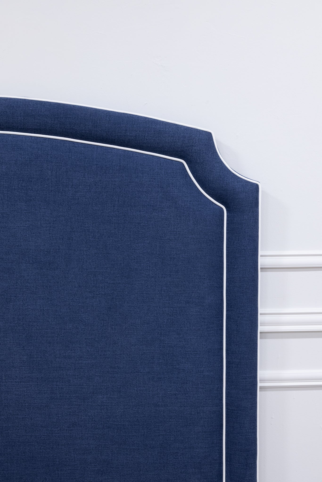 The Aliana Queen Bed - Scalloped Base - Navy Woven Fabric - White Trim