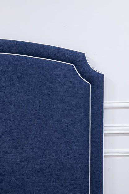 The Aliana Queen Bed - Scalloped Base - Navy Woven Fabric - White Trim