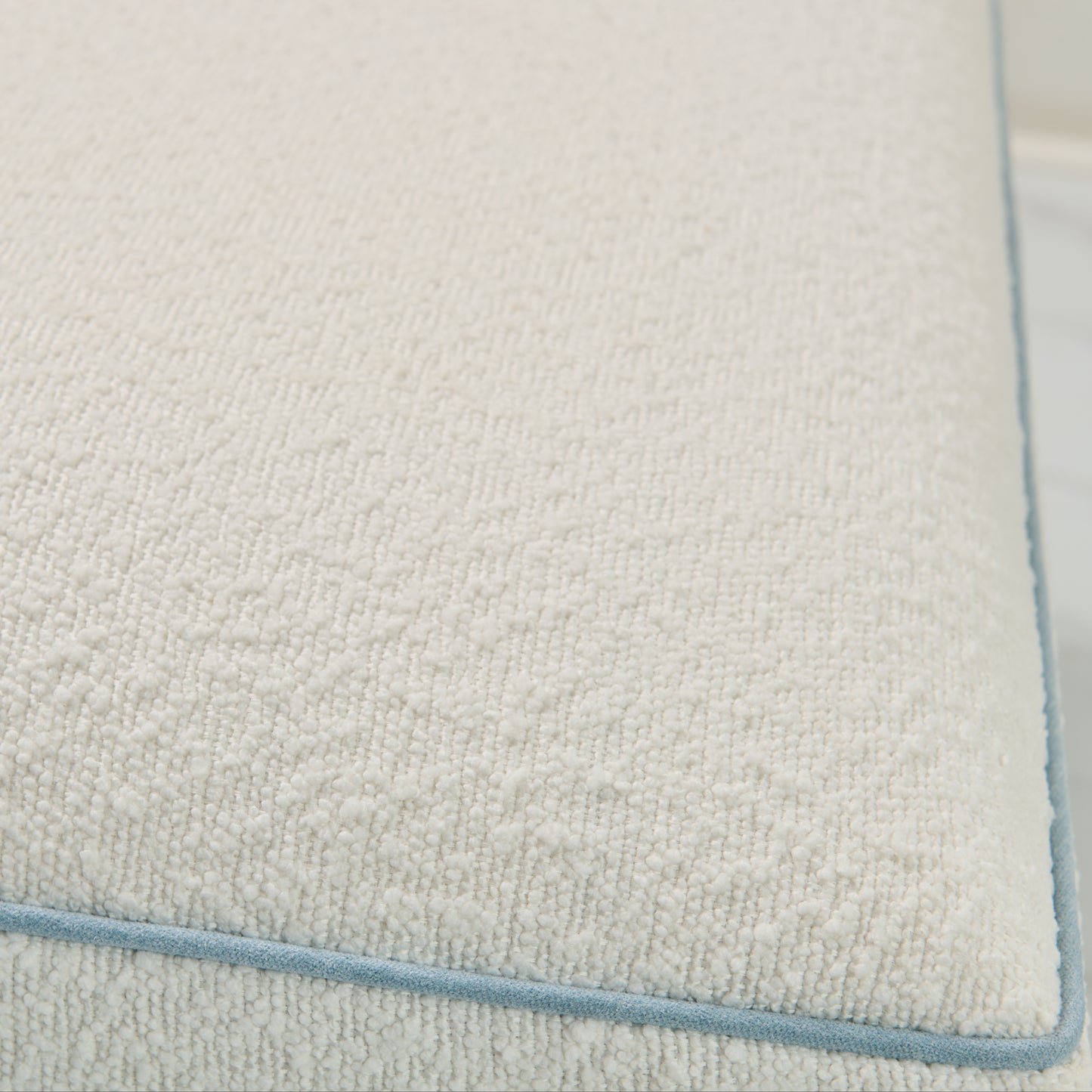 Scalloped Ottoman / Coffee table in White Boucle Fabric - Sky Blue Trim