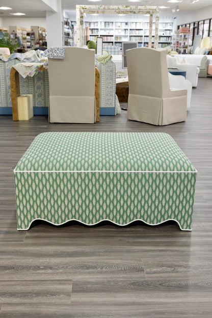 Scalloped ottoman - Floral Green with White Piping