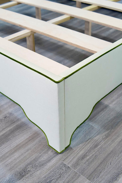 65"H King Bed  - Pale Sage Green Linen Fabric with Olive Green Velvet Trim