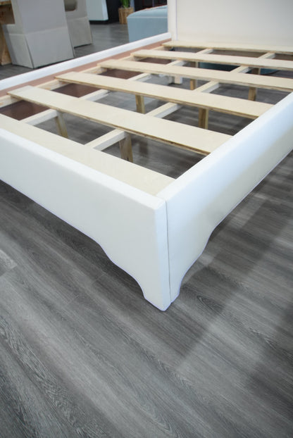 65" H Queen Platform Bed - NY Oatmeal Woven Fabric - Purple Trim