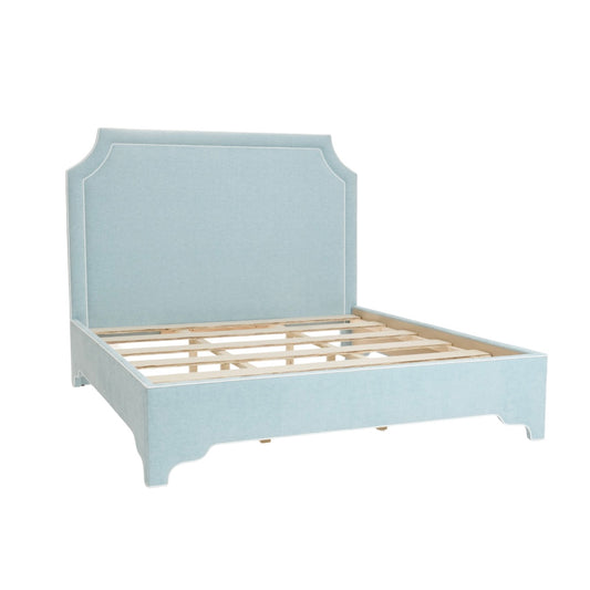 65" H King Platform Bed  - Seafoam Blue Performance Chenille Fabric - White Trim